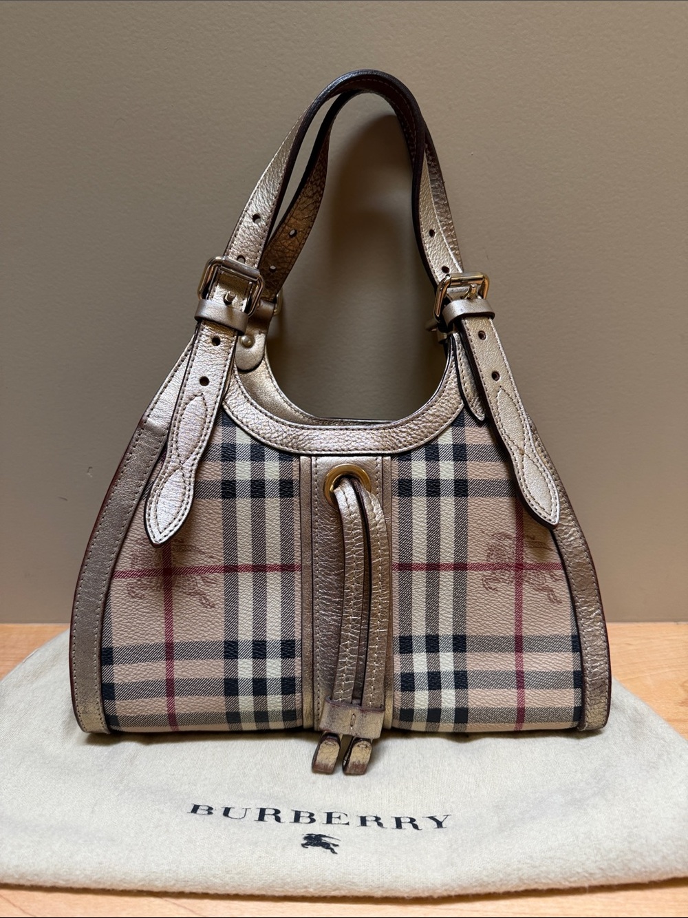 Burberry Tan Check Canvas Shoulder Bag with Metallic Trim